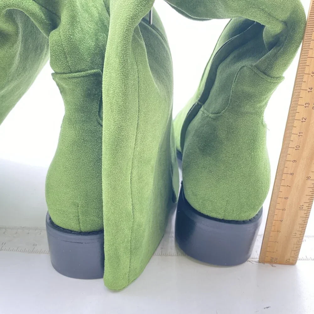Green Women Almond Toe Knee High Boots with Partial Zipper Warm Long Boot